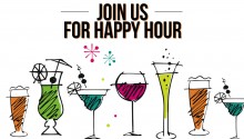 Drawings of different types of colorful drinks with JOIN US FOR HAPPY HOUR in big black lettering above them.
