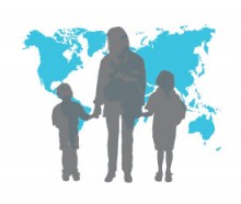 Silhouette of family in front of world map 